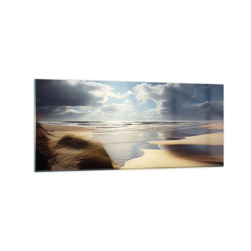 Glasbild - Bild auf glas - Ein wilder Strand mit Dünen und blauem Himmel - 120x50cm - Strand, wilder Strand - Moderne Wanddekoration für Wohnzimmer und Schlafzimmer ARTTOR