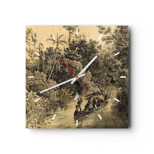 Wanduhr - Glasuhr - Zeichnung eines Dschungels mit einem Boot auf einem Fluss - 30x30cm - Expedition zur Quelle - Moderne Wanddekoration für Wohnzimmer und Schlafzimmer ARTTOR