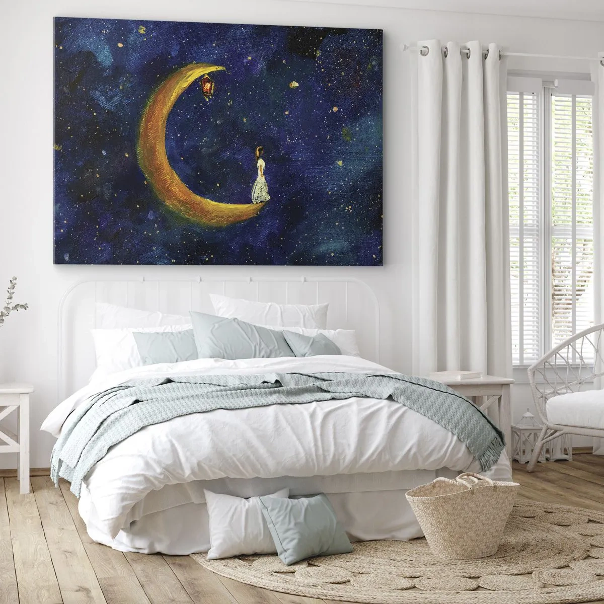Bild auf Leinwand - Leinwandbild - Ein Mädchen steht auf dem Mond in einem Sternenhimmel - 120x80cm - Der Ruf der Welt - Moderne Wanddekoration für Wohnzimmer und Schlafzimmer ARTTOR