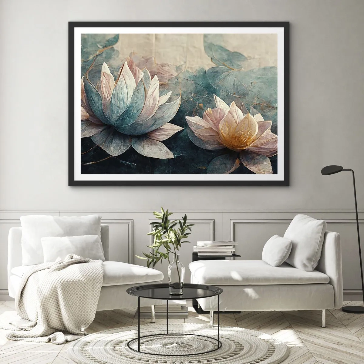 Poster in einem schwarzem Rahmen - Dezente Seerosen in Pastelltönen von Blau und Gold - 70x50cm - Seesterne - Moderne Wanddekoration für Wohnzimmer und Schlafzimmer ARTTOR