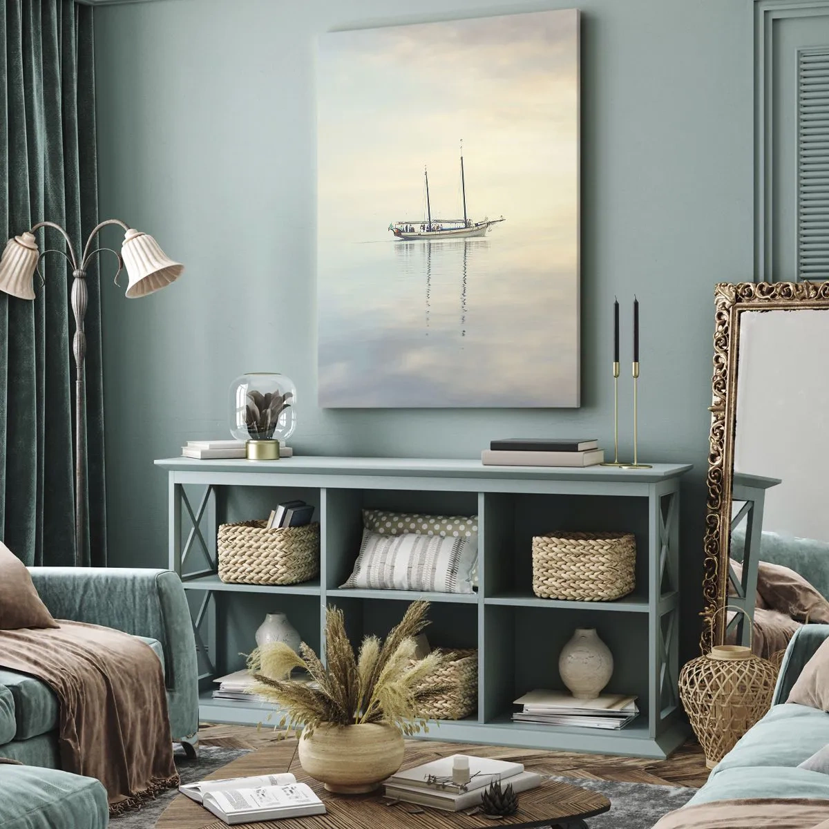 Bild auf Leinwand - Leinwandbild - Ein Boot auf ruhiger See in sanftem Licht - 50x70cm - Im Meer der Stille - Moderne Wanddekoration für Wohnzimmer und Schlafzimmer ARTTOR