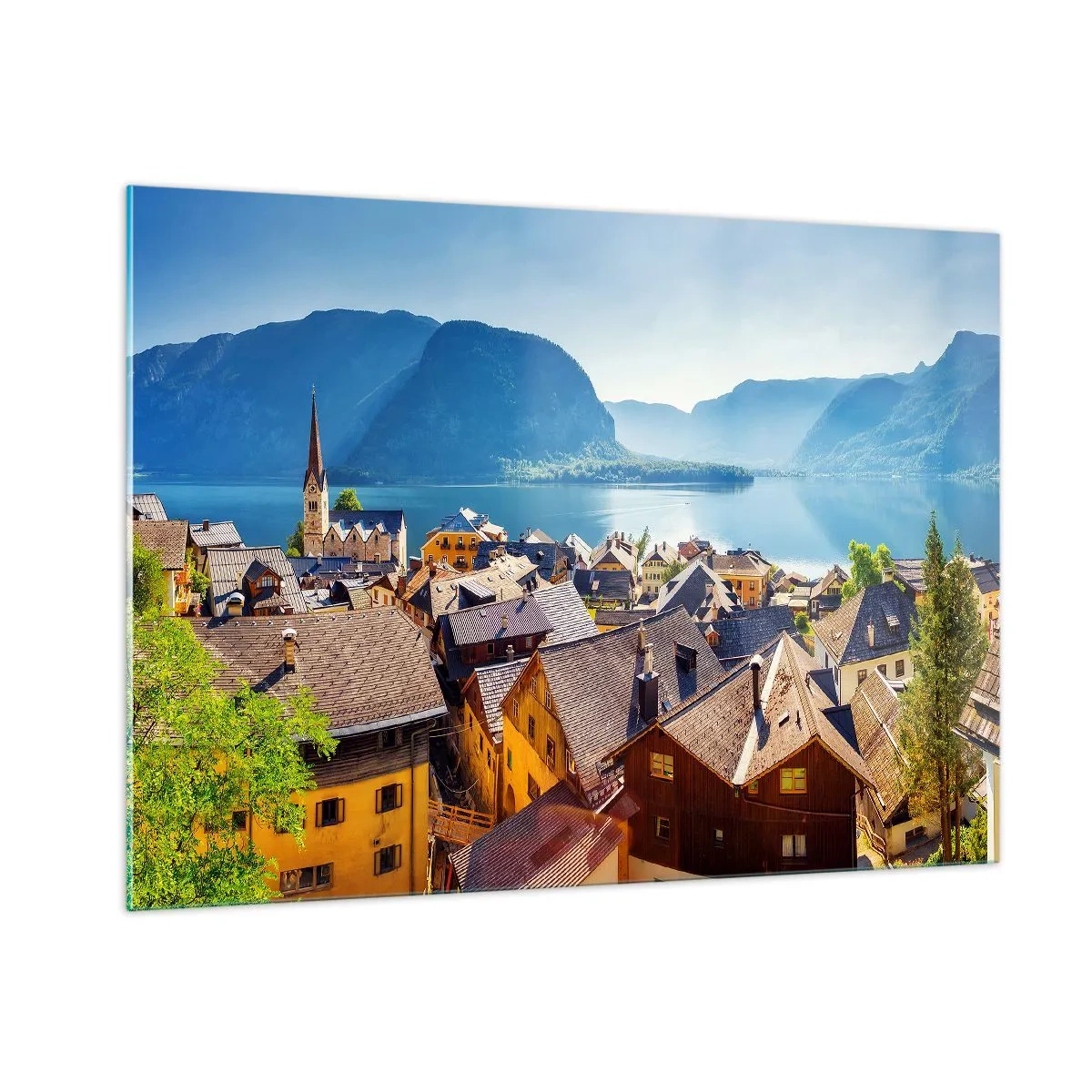 Glasbild - Bild auf glas - Eine malerische Stadt an einem von Bergen umgebenen See - 100x70cm - Es könnte nicht malerischer sein - Moderne Wanddekoration für Wohnzimmer und Schlafzimmer ARTTOR