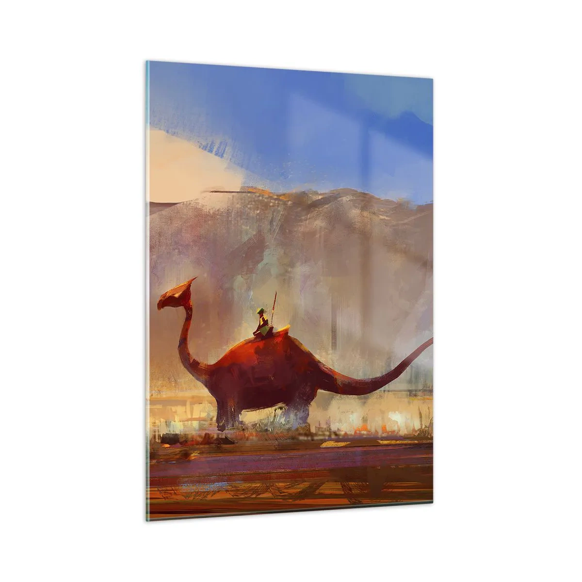 Glasbild - Bild auf glas - Eine Fantasielandschaft mit einem Reiter auf einem prähistorischen Wesen - 50x70cm - Wenn sie nicht ausgestorben wären - Moderne Wanddekoration für Wohnzimmer und Schlafzimmer ARTTOR