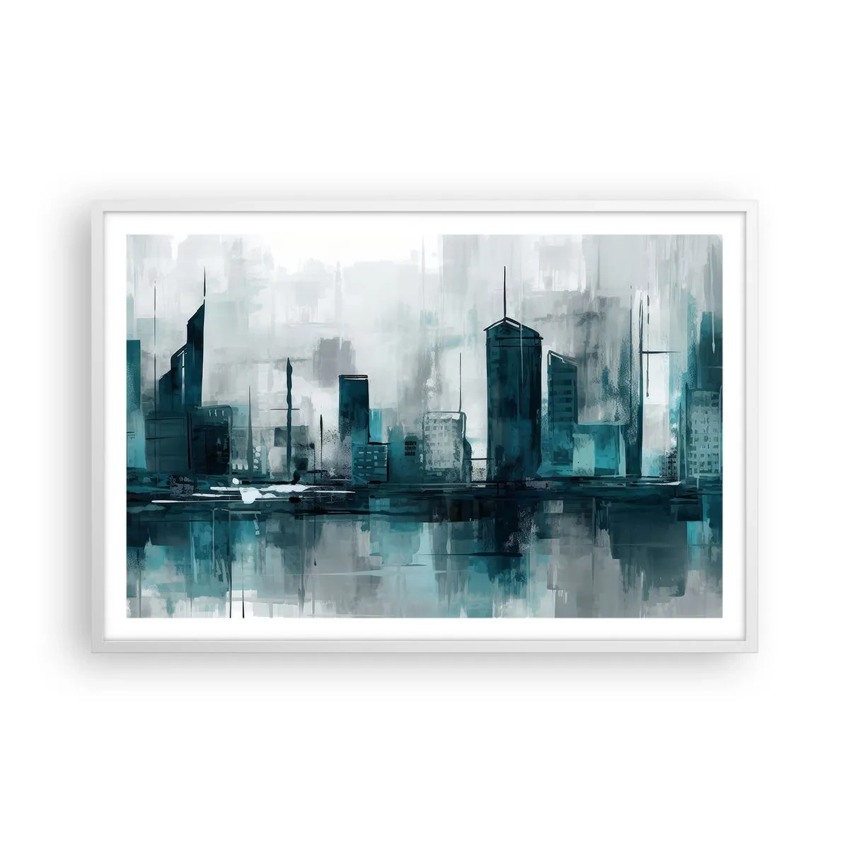 Poster in einem weißen Rahmen - Eine Stadt in der Farbe des Regens - 91x61 cm