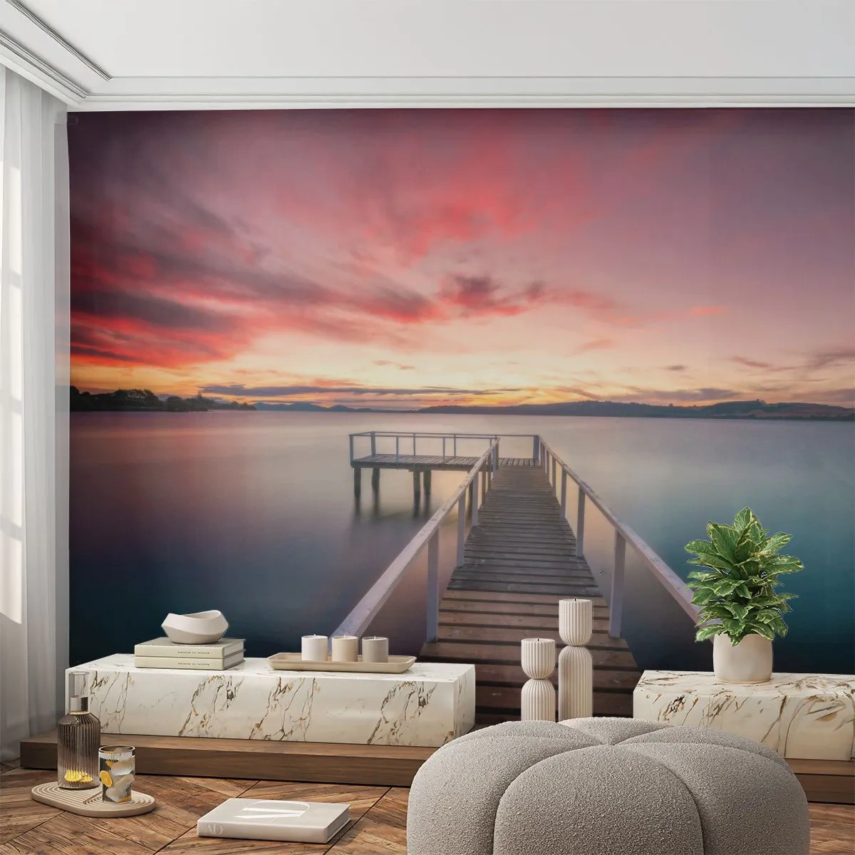 Fototapete Premium Sand - Holzsteg führt in Richtung Sonnenuntergang - 100x70cm - Die sanfte Flamme des Abends - Moderne Wanddekoration für Wohnzimmer und Schlafzimmer ARTTOR