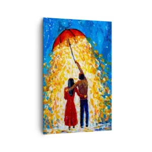 Bild auf Leinwand - Leinwandbild - Ein Paar unter einem roten Regenschirm im leuchtenden Regen - 80x120cm - Zauber eines Regenabends? - Moderne Wanddekoration für Wohnzimmer und Schlafzimmer ARTTOR