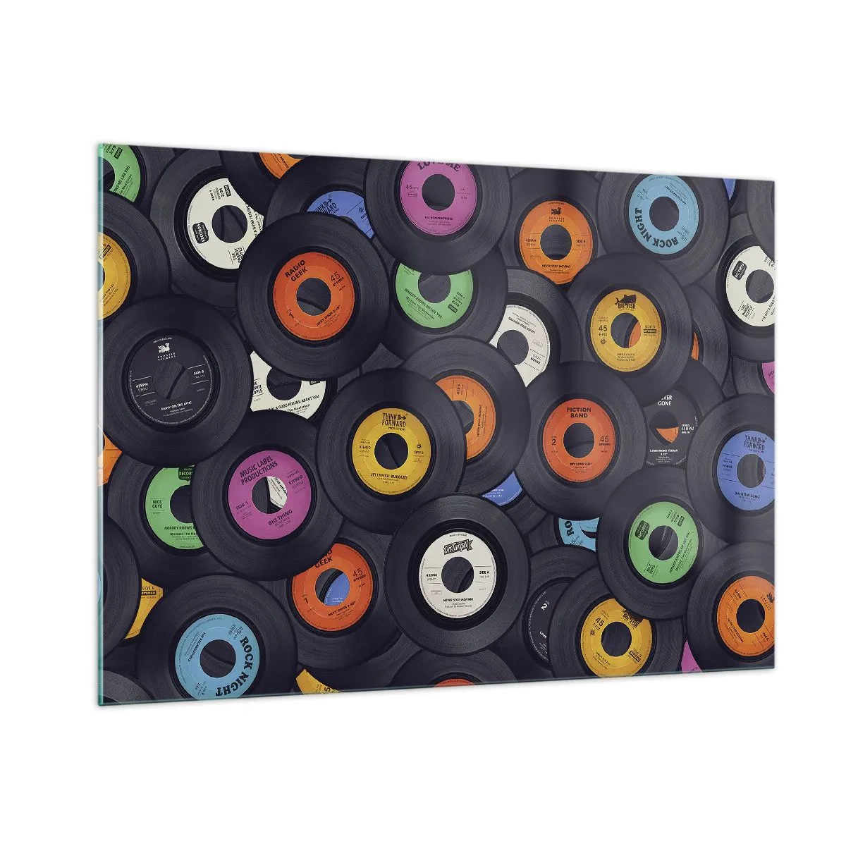 Glasbild - Bild auf glas - Bunte Vinyl-Schallplatten auf schwarzem Hintergrund - 100x70cm - Farben der Klassiker - Moderne Wanddekoration für Wohnzimmer und Schlafzimmer ARTTOR