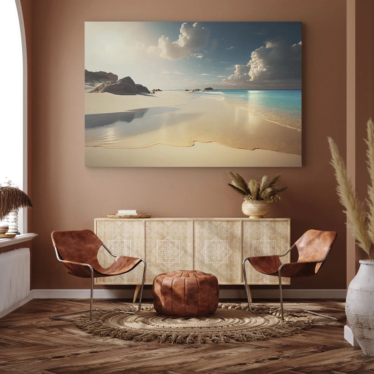 Bild auf Leinwand - Leinwandbild - Ein sonniger Strand mit blauem Meer und Felsen - 120x80cm - Erträumter Tag - Moderne Wanddekoration für Wohnzimmer und Schlafzimmer ARTTOR