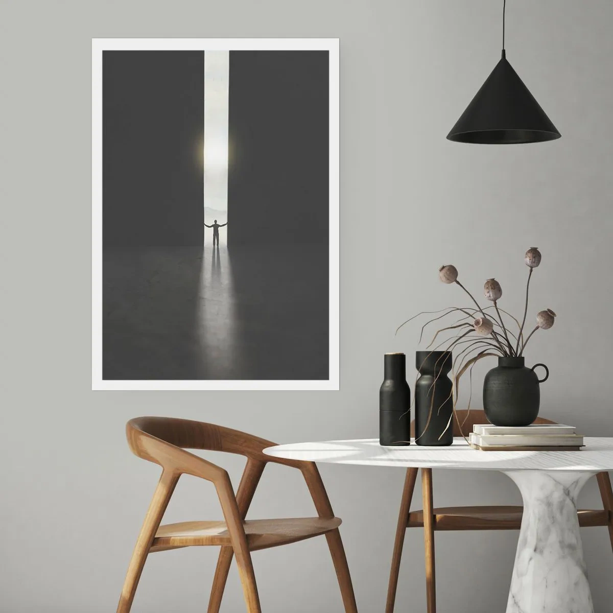 Poster - Ein Mann steht im Licht eines Risses in einer dunklen Umgebung - 50x70cm - Ein Schritt in eine strahlende Zukunft - Moderne Wanddekoration für Wohnzimmer und Schlafzimmer ARTTOR
