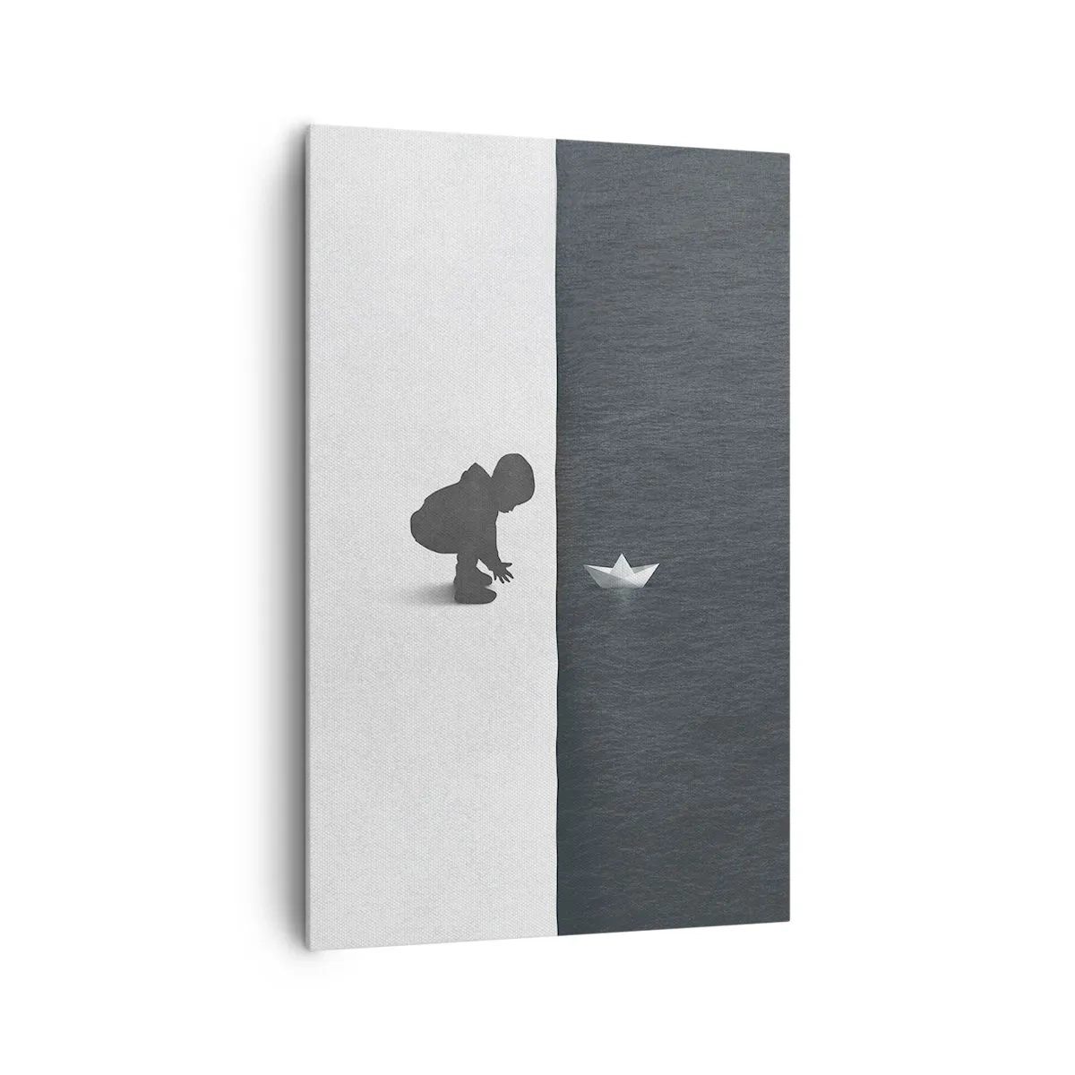 Bild auf Leinwand - Leinwandbild - Eine Kinderfigur mit einem Papierboot vor einem Hintergrund aus kontrastierenden Hälften - 80x120cm - Tolle Expedition - Moderne Wanddekoration für Wohnzimmer und Schlafzimmer ARTTOR