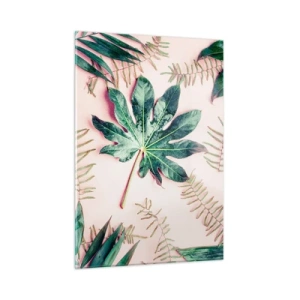 Glasbild - Bild auf glas - Tropische Blätter auf pastellfarbenem Hintergrund - 50x70cm - Eine Studie von Grün auf einem rosa Hintergrund - Moderne Wanddekoration für Wohnzimmer und Schlafzimmer ARTTOR