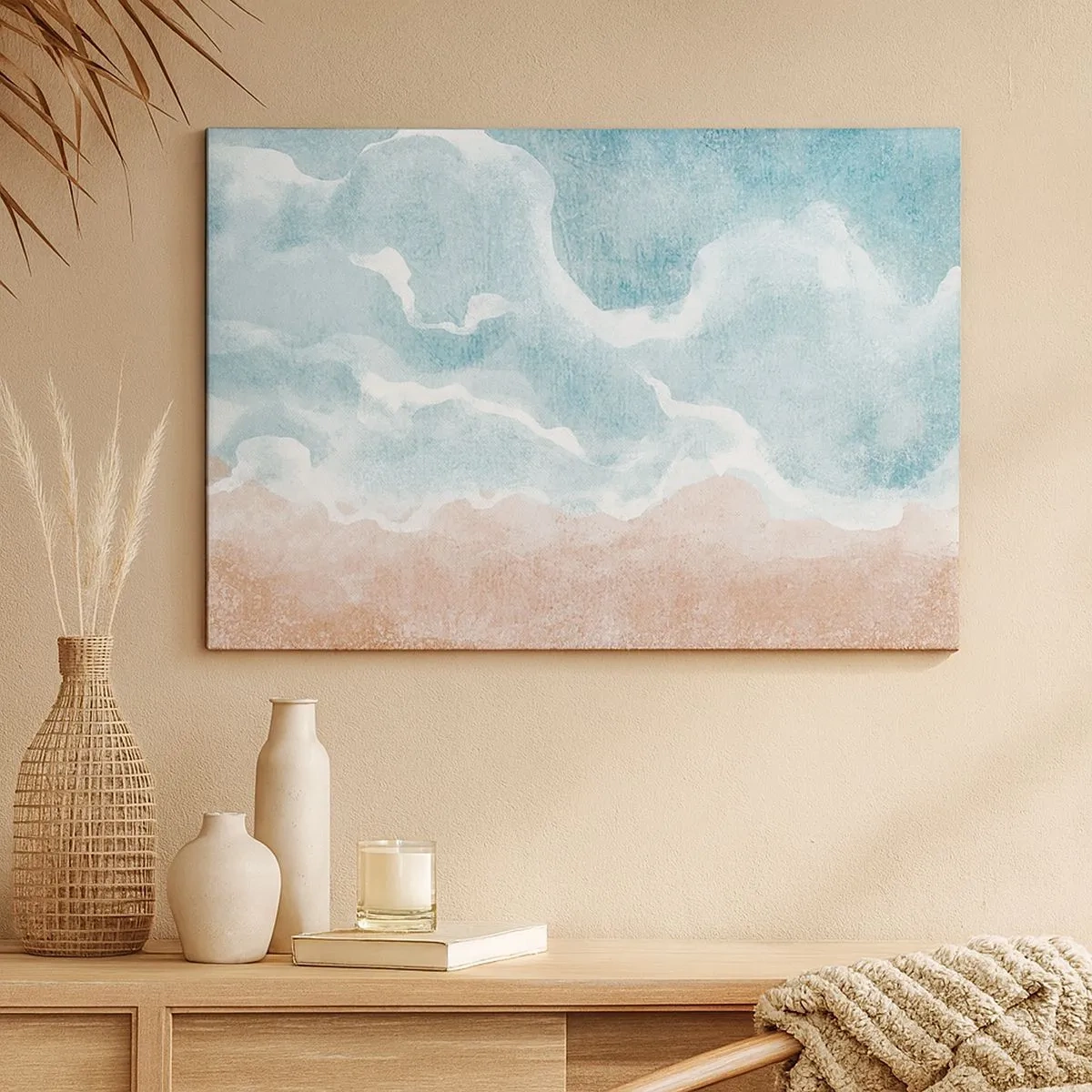 Bild auf Leinwand - Leinwandbild - Abstrakter Strand mit Wellen in Blau- und Beigetönen - 70x50cm - Cloud-Abstraktion - Moderne Wanddekoration für Wohnzimmer und Schlafzimmer ARTTOR