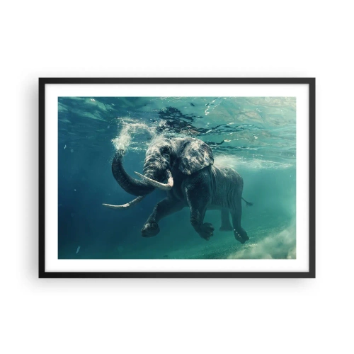 Poster in einem schwarzem Rahmen - Ein Elefant schwimmt unter Wasser in den türkisfarbenen Tiefen - 70x50cm - Jeder schwimmt gerne - Moderne Wanddekoration für Wohnzimmer und Schlafzimmer ARTTOR