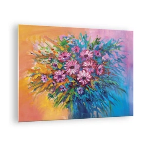 Glasbild - Bild auf glas - Ein Strauß rosa Blumen in einer kunstvollen, farbenfrohen Komposition - 70x50cm - Lebensenergie - Moderne Wanddekoration für Wohnzimmer und Schlafzimmer ARTTOR