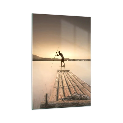 Glasbild - Bild auf glas - Mann auf einem Floß bei Sonnenuntergang - 70x100cm - Vor dem schlafen gehen - Moderne Wanddekoration für Wohnzimmer und Schlafzimmer ARTTOR