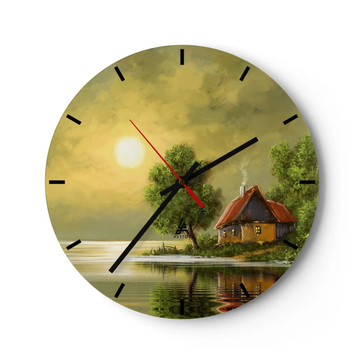 Wanduhr - Glasuhr - Ein charmantes Häuschen am See, umgeben von Grün bei Sonnenuntergang - 30x30cm - Schön, wie ein Bild - Moderne Wanddekoration für Wohnzimmer, Küche und Schlafzimmer ARTTOR