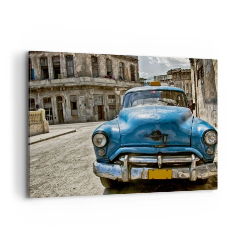 Bild auf Leinwand - Leinwandbild - Ein altes blaues Auto auf der Straße im Retro-Stil - 100x70cm - Alt ist schön - Moderne Wanddekoration für Wohnzimmer und Schlafzimmer ARTTOR