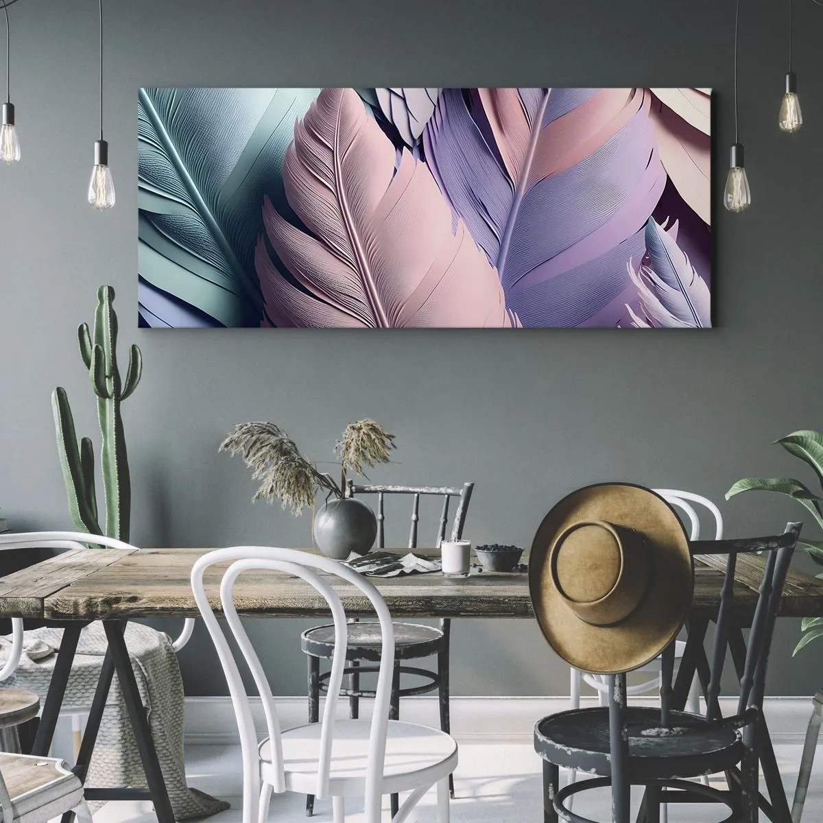 Bild auf Leinwand - Leinwandbild - Bunte Federn in Pastelltönen auf hellem Hintergrund - 160x50cm - Vogel-Chic - Moderne Wanddekoration für Wohnzimmer und Schlafzimmer ARTTOR