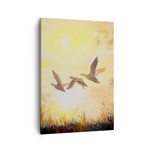Bild auf Leinwand - Leinwandbild - Enten fliegen bei Sonnenaufgang über den See - 50x70cm - Der Beginn einer langen Reise - Moderne Wanddekoration für Wohnzimmer und Schlafzimmer ARTTOR