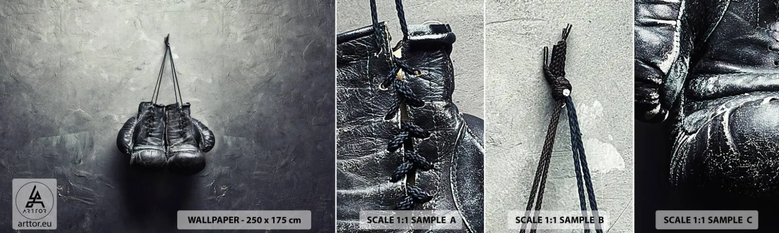 Fototapeten Muster Selbstklebend Deluxe Sticker - Zeit des Kampfes und Zeit des Friedens - Kasten, Boxhandschuhe, Jahrgang - 100x30 cm