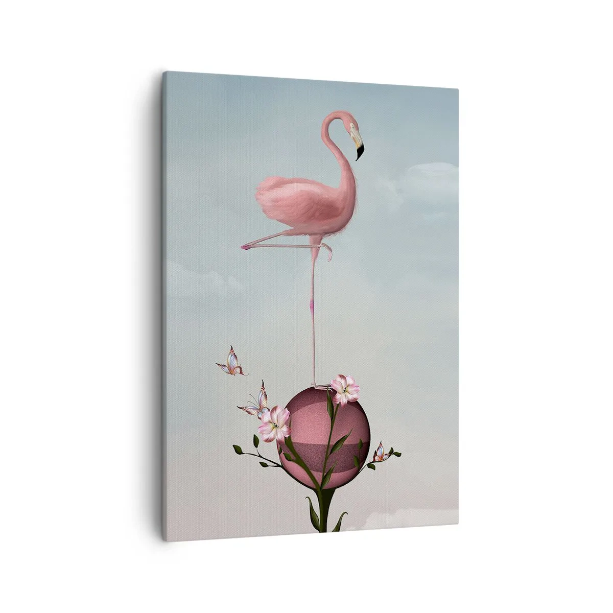 Bild auf Leinwand - Leinwandbild - Ein rosa Flamingo balanciert auf einem Blumenball - 50x70cm - Basketball-Allegorie - Moderne Wanddekoration für Wohnzimmer und Schlafzimmer ARTTOR