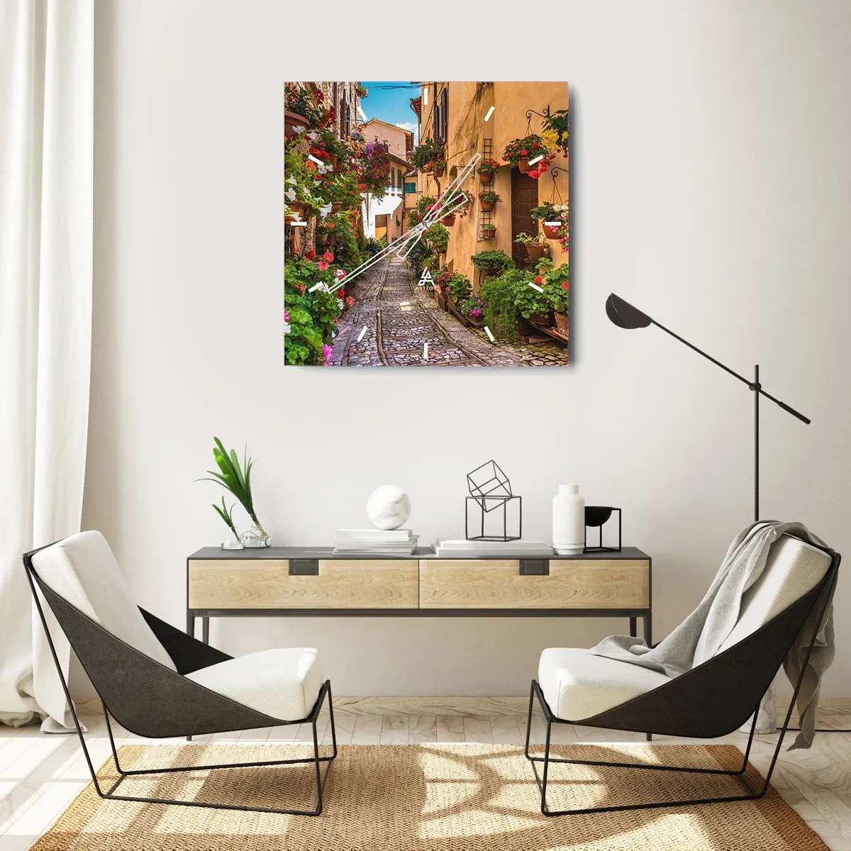 Wanduhr - Glasuhr - Eine bezaubernde Straße voller Blumen und Blumentöpfe - 30x30cm - Italienische Gasse - Moderne Wanddekoration für Wohnzimmer und Schlafzimmer ARTTOR