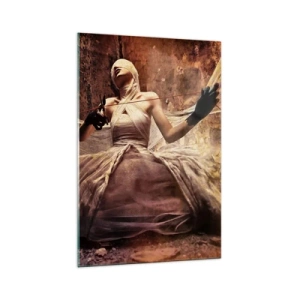 Glasbild - Bild auf glas - Eine Frau in einem Kleid mit bedecktem Gesicht und einer Schere in den Händen - 70x100cm - Göttin des Schicksals - Moderne Wanddekoration für Wohnzimmer und Schlafzimmer ARTTOR