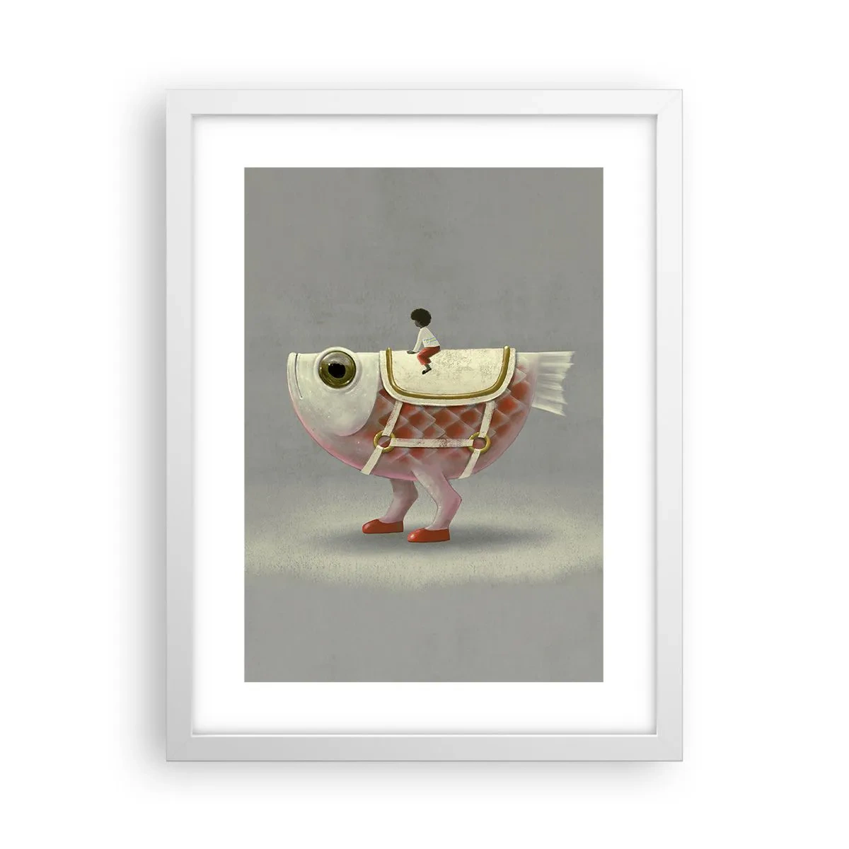 Poster in einem weißen Rahmen - Reiter auf einem surrealen Fisch - 30x40 cm