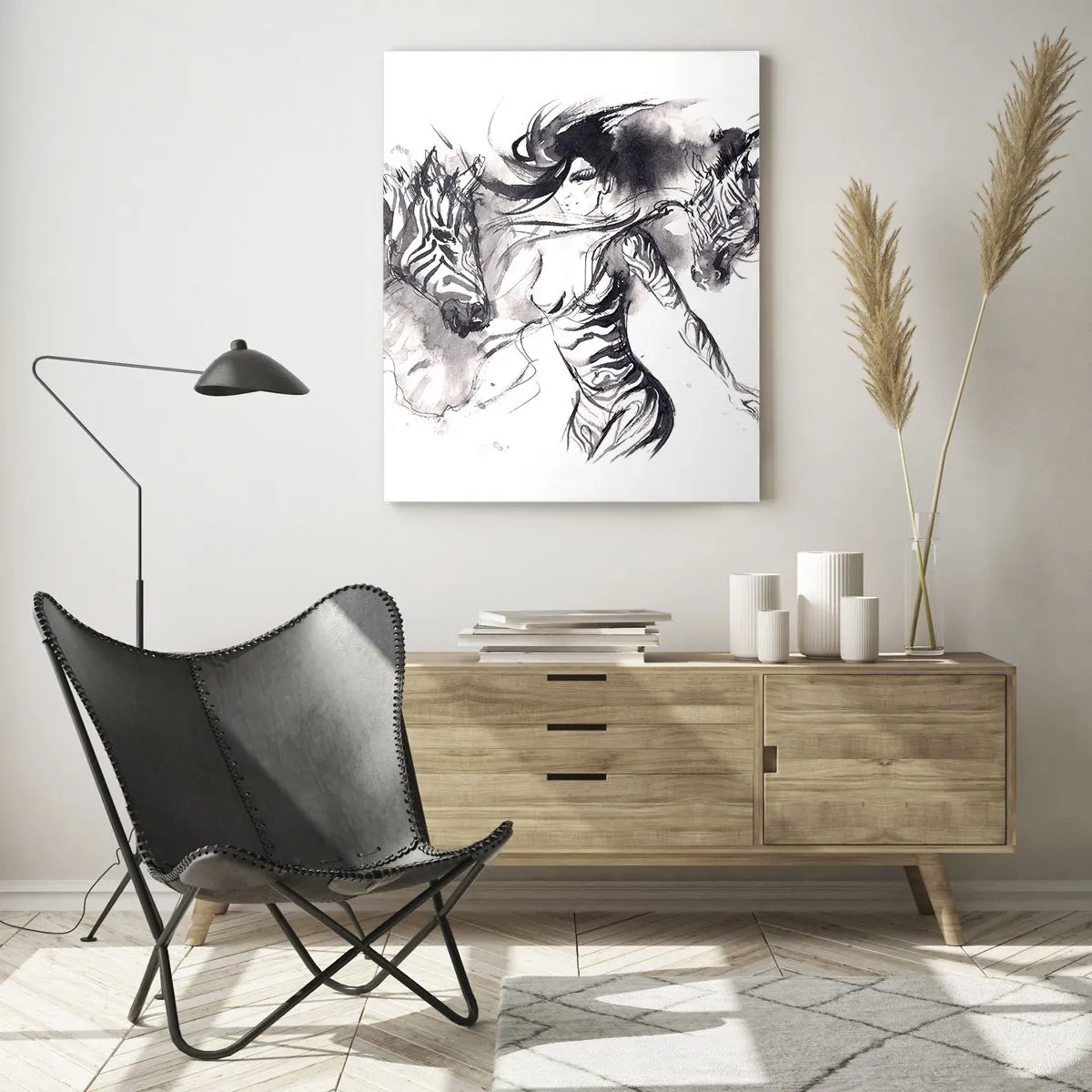 Glasbild - Bild auf glas - Schwarz-Weiß-Komposition mit einer Frau und einem Zebra im künstlerischen Stil - 50x70cm - Tanzen mit den Zebras - Moderne Wanddekoration für Wohnzimmer und Schlafzimmer ARTTOR