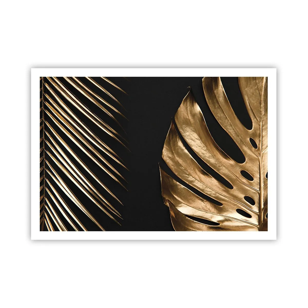 Poster - Goldene Blätter auf schwarzem Hintergrund - 100x70cm - Anders und genauso teuer - Moderne Wanddekoration für Wohnzimmer und Schlafzimmer ARTTOR