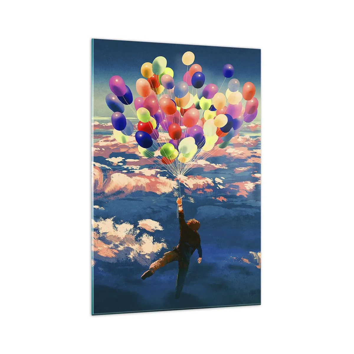 Glasbild - Bild auf glas - Eine Figur, die mit bunten Luftballons über den Wolken schwebt - 70x100cm - Ein Kindheitstraum wird wahr - Moderne Wanddekoration für Wohnzimmer und Schlafzimmer ARTTOR