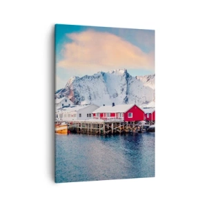 Bild auf Leinwand - Leinwandbild - Rote Häuser vor dem Hintergrund schneebedeckter Berge und des blauen Meeres - 50x70cm - Nördlicher Rückzug - Moderne Wanddekoration für Wohnzimmer und Schlafzimmer ARTTOR