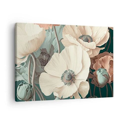 Bild auf Leinwand - Leinwandbild - Elegante Blumen in Pastelltönen auf grünem Hintergrund - 70x50cm - Flüstern von Mohnblumen - Moderne Wanddekoration für Wohnzimmer und Schlafzimmer ARTTOR