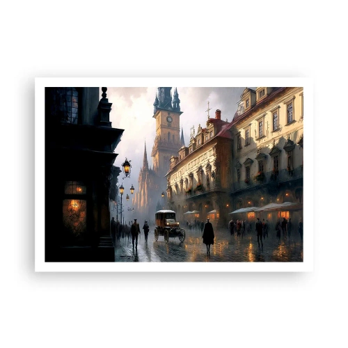 Poster - Abendliche Straßenszene mit historischer Architektur - 100x70cm - Charme eines Prager Abends - Moderne Wanddekoration für Wohnzimmer und Schlafzimmer ARTTOR