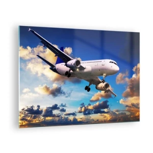 Glasbild - Bild auf glas - Ein Flugzeug im Flug vor einem malerischen Himmel - 70x50cm - Eine Reise in Weiß und Blau - Moderne Wanddekoration für Wohnzimmer und Schlafzimmer ARTTOR