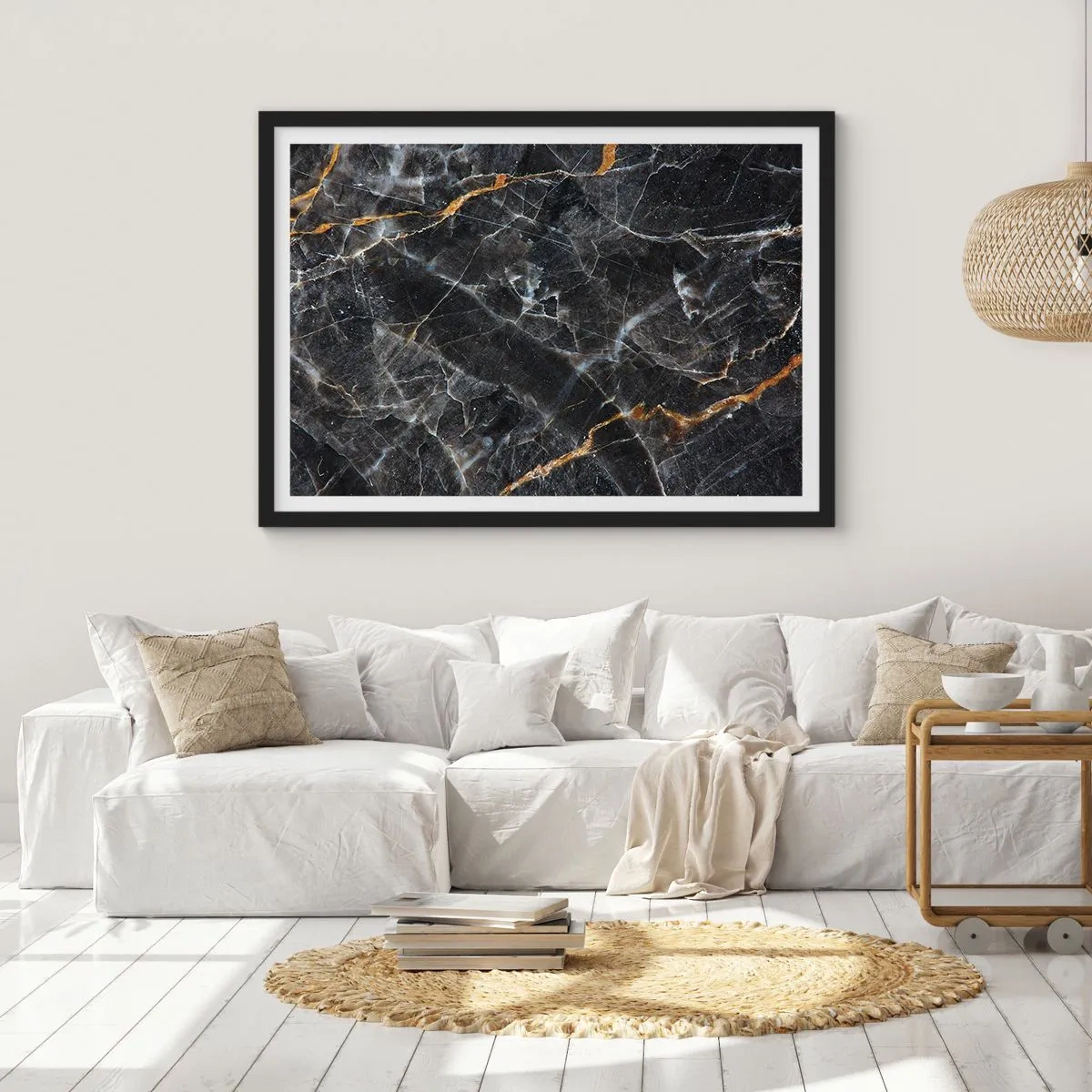Poster in einem schwarzem Rahmen - Schwarz-goldene Details der Marmoroberfläche - 100x70cm - Das Innenleben des Steins - Moderne Wanddekoration für Wohnzimmer und Schlafzimmer ARTTOR