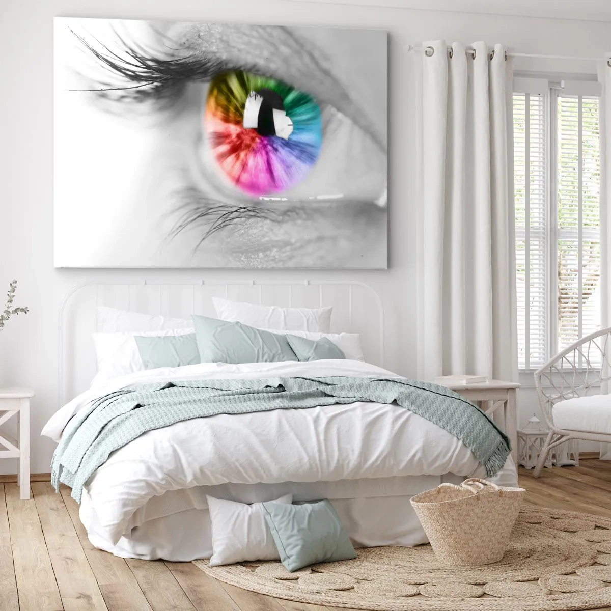 Bild auf Leinwand - Leinwandbild - Künstlerische Aufnahme eines Auges mit einer Regenbogeniris auf grauem Hintergrund - 120x80cm - Schau dir die Welt in Farbe an - Moderne Wanddekoration für Wohnzimmer und Schlafzimmer ARTTOR