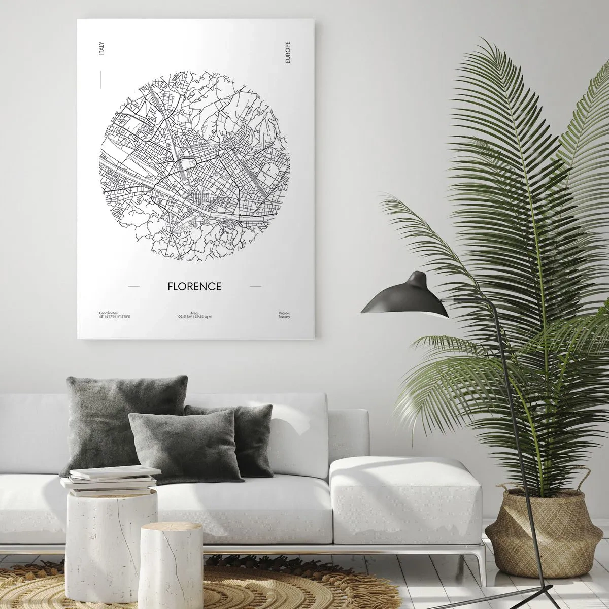 Glasbild - Bild auf glas - Eine Karte von Florenz im minimalistischen Schwarz-Weiß-Stil - 70x100cm - Anatomie von Florenz - Moderne Wanddekoration für Wohnzimmer und Schlafzimmer ARTTOR