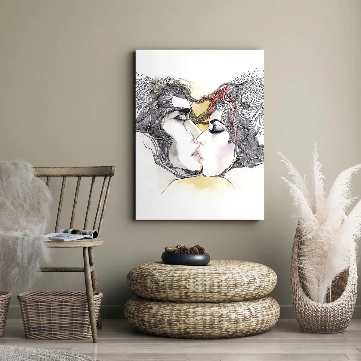 Bild auf Leinwand - Leinwandbild - Künstlerisches Paarportrait mit abstrakten Haarmotiven - 80x120cm - Die Welt existiert nicht - Moderne Wanddekoration für Wohnzimmer und Schlafzimmer ARTTOR