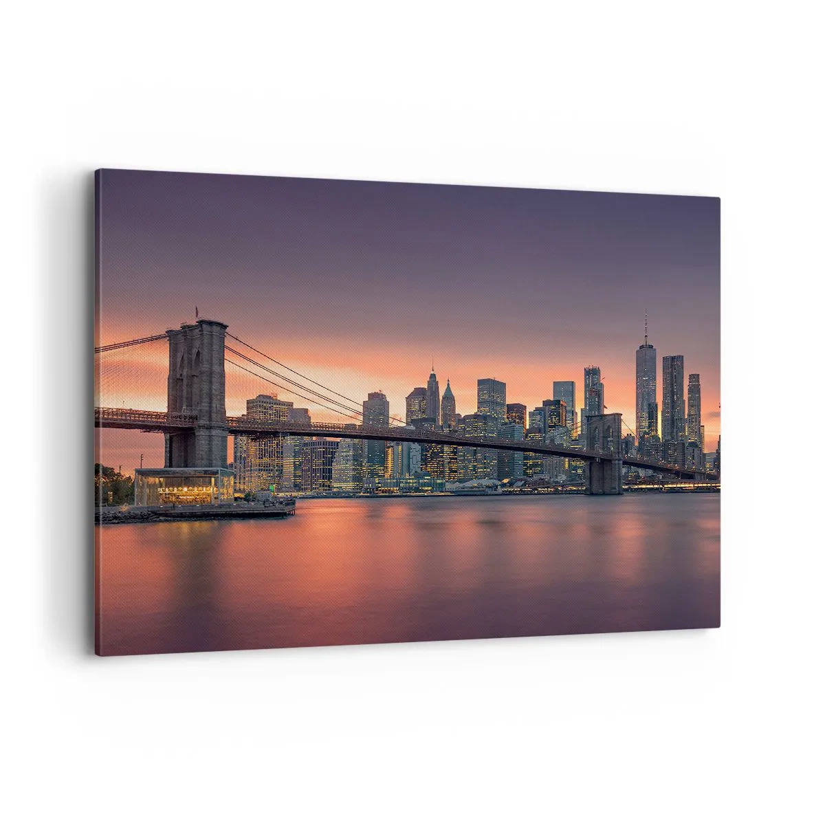 Bild auf Leinwand - Leinwandbild - Nachtpanorama der Stadt mit einer Brücke und einem beleuchteten Himmel - 100x70cm - Eingetaucht in lila Stille - Moderne Wanddekoration für Wohnzimmer und Schlafzimmer ARTTOR