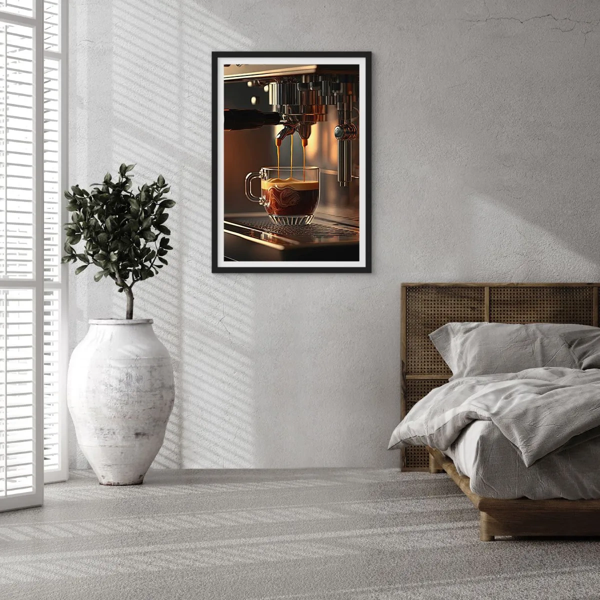Poster in einem schwarzem Rahmen - Eine Kaffeemaschine gießt Espresso in eine Tasse - 50x70cm - Sinnliche Mischung - Moderne Wanddekoration für Wohnzimmer und Schlafzimmer ARTTOR