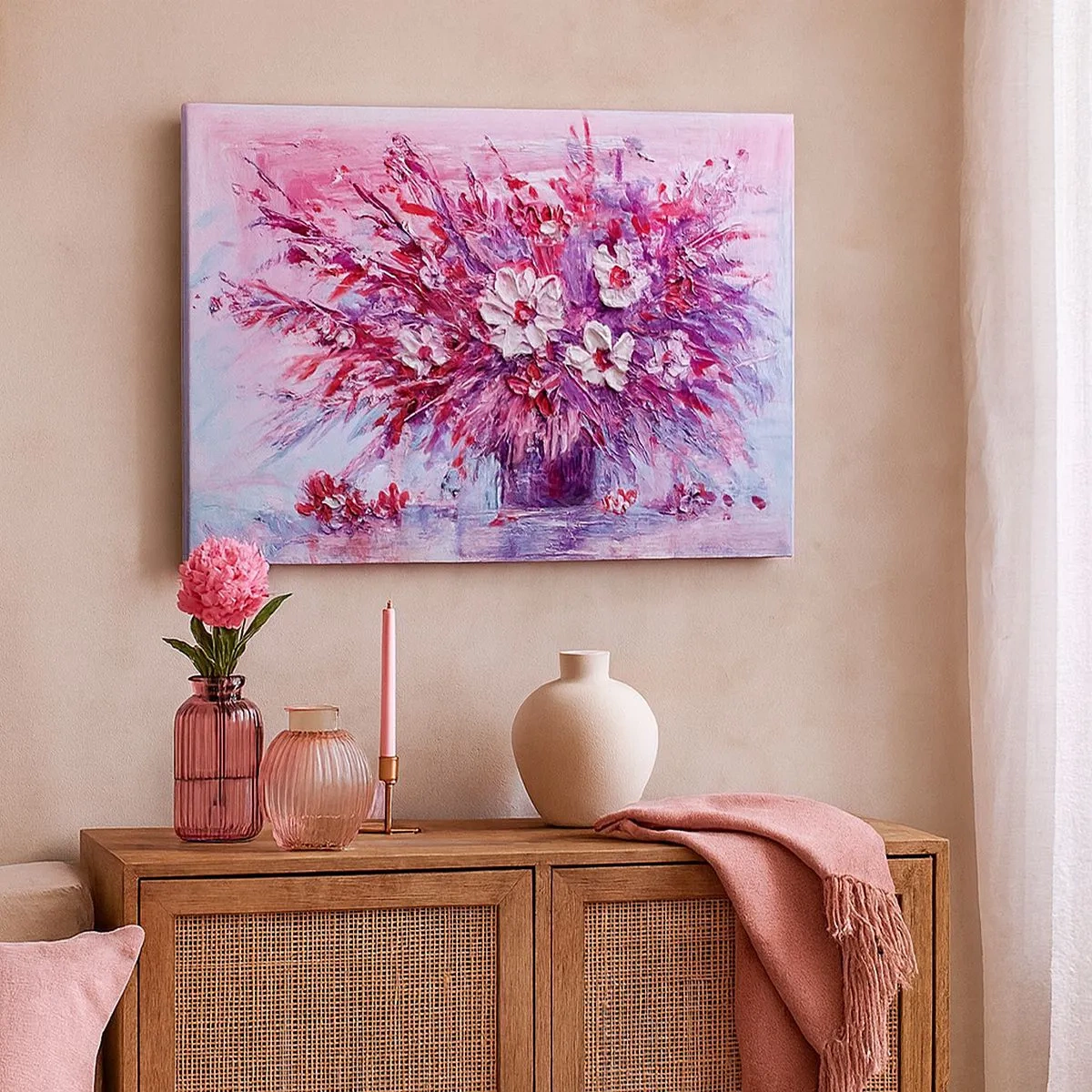 Bild auf Leinwand - Leinwandbild - Ein bunter Blumenstrauß in Rosa- und Lilatönen - 70x50cm - Unschuld und Leidenschaft - Moderne Wanddekoration für Wohnzimmer und Schlafzimmer ARTTOR