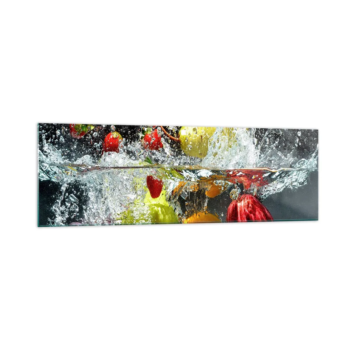 Glasbild - Bild auf glas - Bunte Früchte im Wasser bei dynamischer Immersion - 160x50cm - Fruchterfrischung - Moderne Wanddekoration für Wohnzimmer und Schlafzimmer ARTTOR
