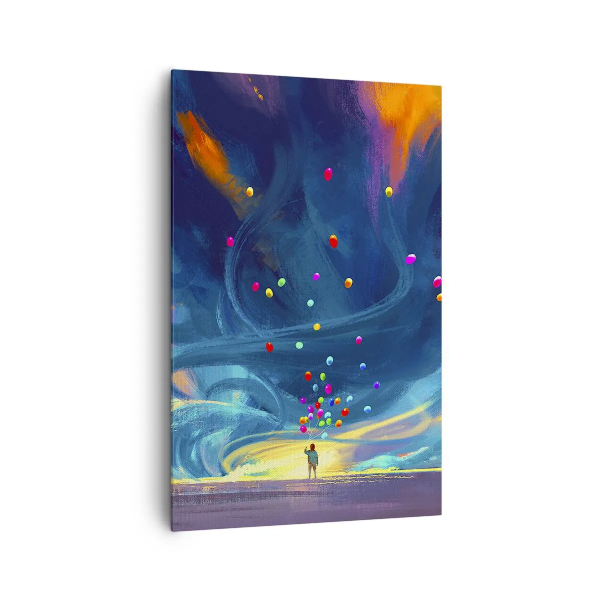 Bild auf Leinwand - Leinwandbild - Eine Figur mit Luftballons vor einem Hintergrund wirbelnder, bunter Wolken - 80x120cm - Zum blauen Wind - Moderne Wanddekoration für Wohnzimmer und Schlafzimmer ARTTOR