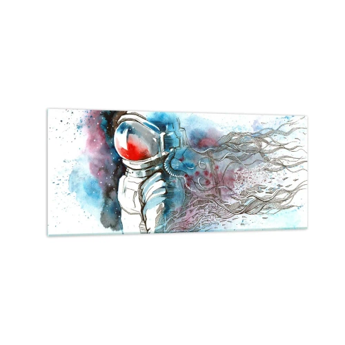 Glasbild - Bild auf glas - Ein Kosmonaut in einem dynamischen Aquarell mit kosmischen Details - 120x50cm - Allein mit Platz - Moderne Wanddekoration für Wohnzimmer und Schlafzimmer ARTTOR