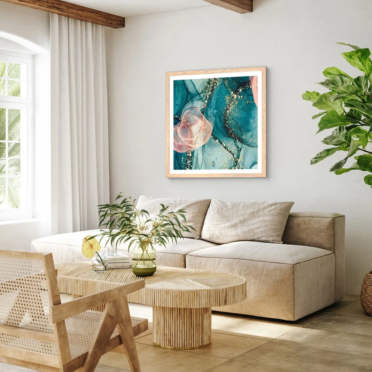 Poster in einem Rahmen aus heller Eiche - Seidenblau, Tüllrosa - 40x40 cm