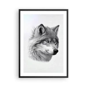 Poster in einem schwarzem Rahmen - Ein realistisches Porträt eines Wolfes in Grautönen. - 50x70cm - Alpha – ohne Zweifel - Moderne Wanddekoration für Wohnzimmer und Schlafzimmer ARTTOR