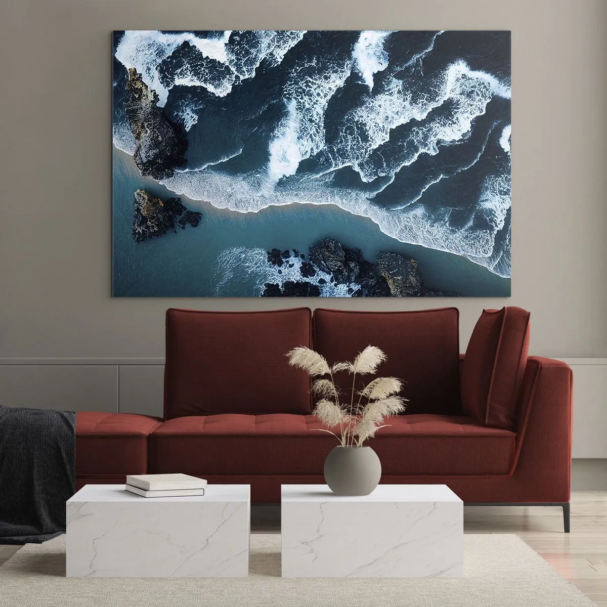 Glasbild - Bild auf glas - Meereswellen brechen gegen die felsige Küste - 70x50cm - In Wellen gehüllt - Moderne Wanddekoration für Wohnzimmer und Schlafzimmer ARTTOR