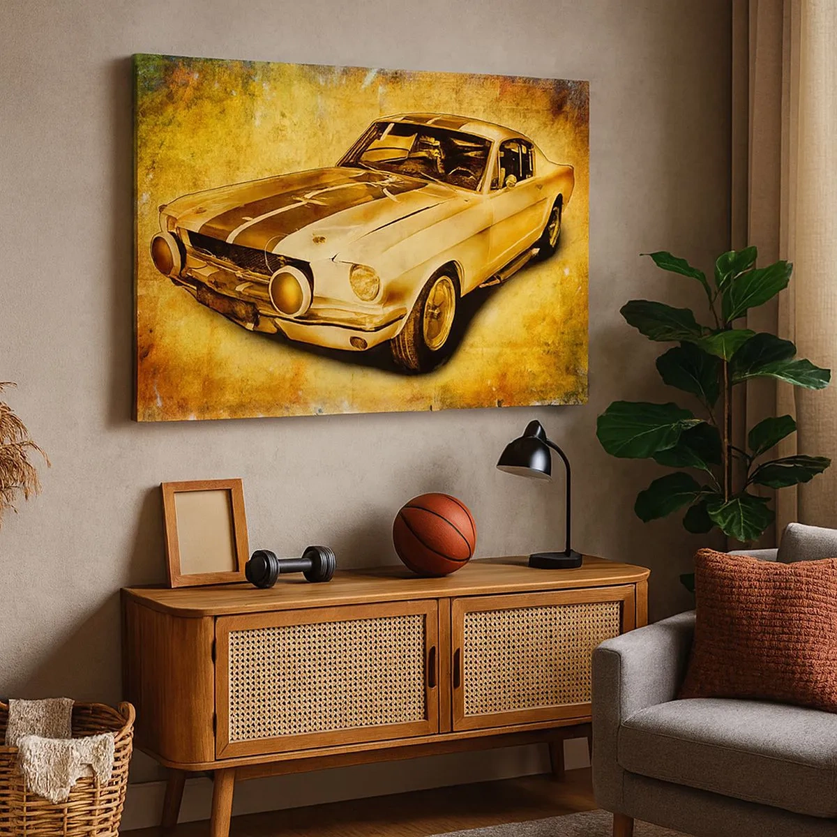 Bild auf Leinwand - Leinwandbild - Klassischer Retro-Sportwagen auf Vintage-Hintergrund in Goldtönen - 70x50cm - Die verrückten 70er Jahre - Moderne Wanddekoration für Wohnzimmer und Schlafzimmer ARTTOR