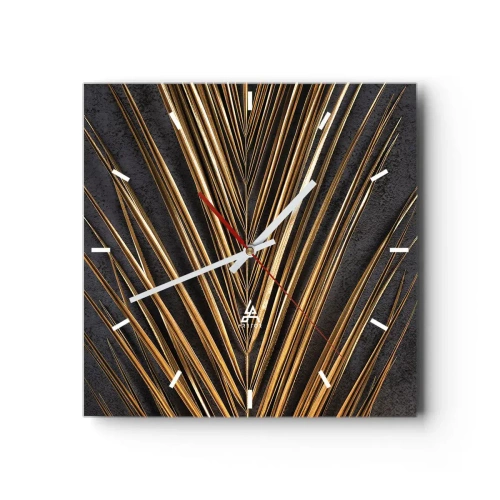 Wanduhr - Glasuhr - Goldenes tropisches Blatt auf schwarzem Hintergrund - 30x30cm - Das Gold der Tropen - Moderne Wanddekoration für Wohnzimmer und Schlafzimmer ARTTOR